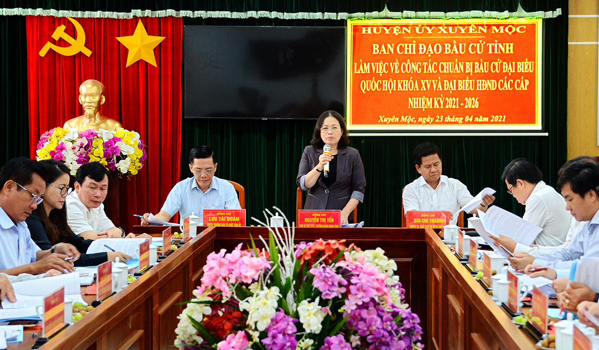bà Nguyễn Thị Yến, Phó Bí thư Thường trực Tỉnh ủy, Trưởng Đoàn ĐBQH tỉnh, Phó Trưởng Ban Thường trực BCĐ Bầu cử tỉnh phát biểu tại buổi làm việc. Ảnh: NHẬT LINH