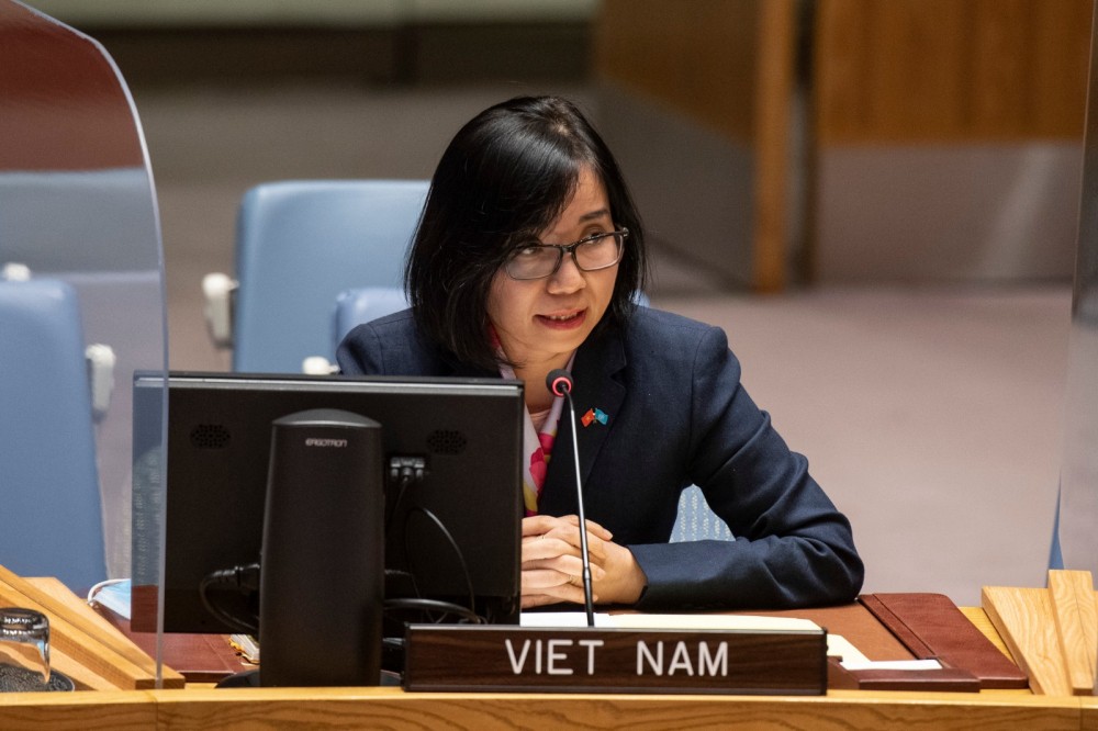Phó Trưởng phái đoàn Việt Nam tại Liên hợp quốc Nguyễn Phương Trà tại phiên họp.