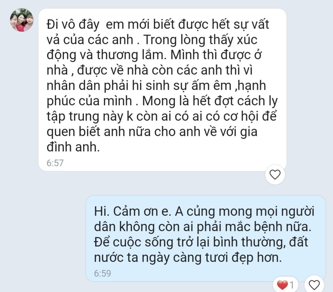 Tin nhắn của người dân gửi đến lực lượng làm nhiệm vụ trong khu cách ly Trường THPT Hòa Hội.