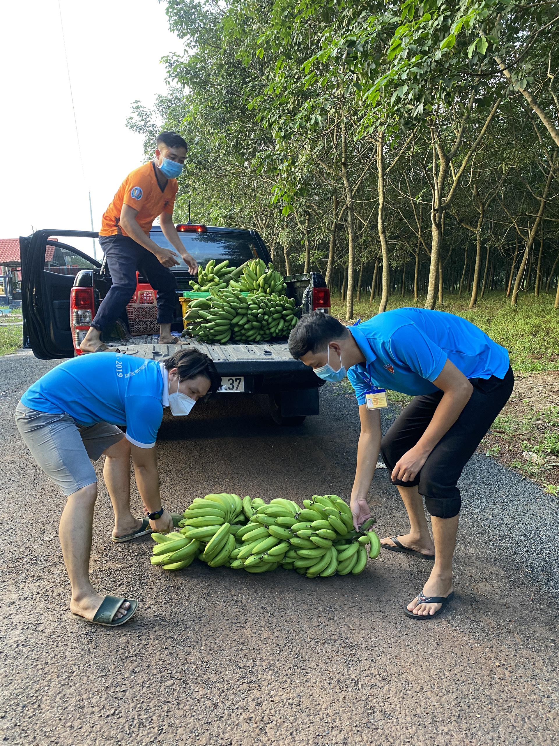 Anh Võ Ngọc Tân (bên phải) ấp 2, xã Hòa Hưng, huyện Xuyên Mộc giúp đỡ người dân tiêu thụ chuối