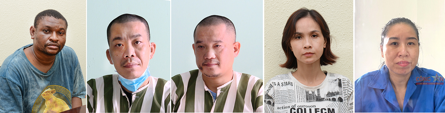 Các đối tượng trong vụ án gồm: Uzoh Emanuel, Dũng, Trung (hàng trên); Hạnh, Vinh  (hàng dưới). 