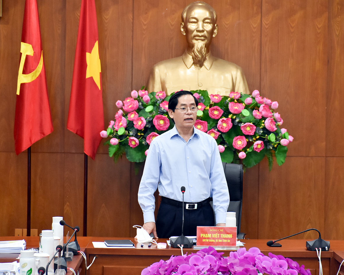 Ông Phạm Viết Thanh, Ủy viên Trung ương Đảng, Bí thư Tỉnh ủy, Chủ tịch HĐND tỉnh phát biểu tại cuộc họp.