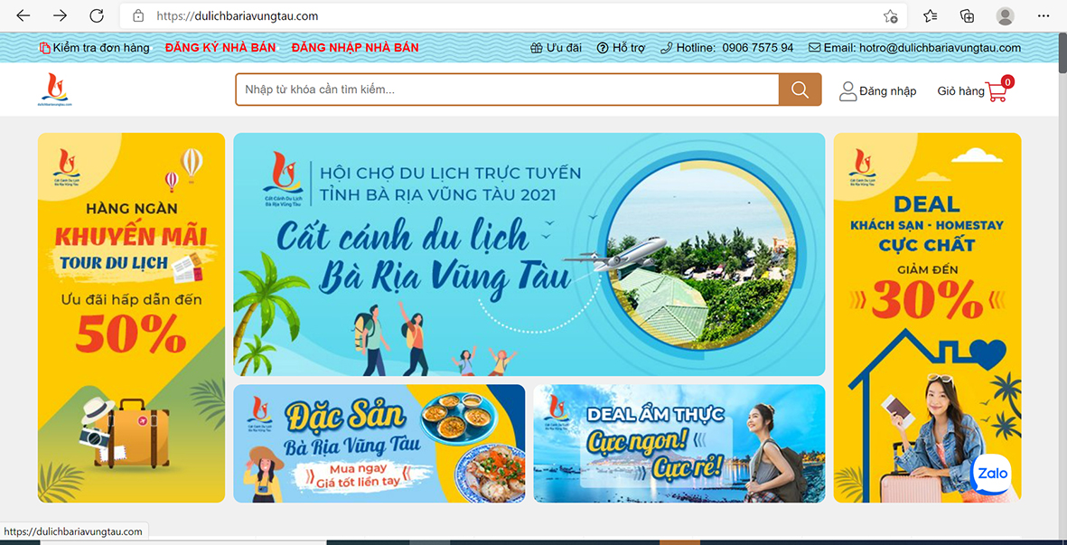 Giao diện Hội chợ Du lịch trực tuyến “Cất cánh du lịch Bà Rịa-Vũng Tàu 2021” tại sàn thương mại điện tử www.dulichbariavungtau.com - www.dulich.baria-vungtau.gov.vn.