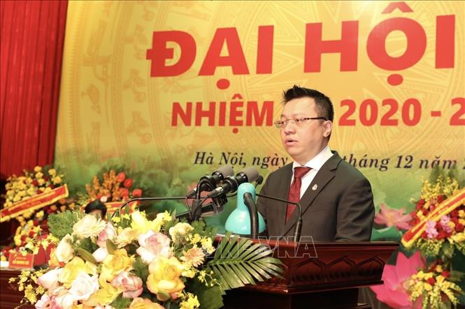 Nhà báo Lê Quốc Minh, Chủ tịch Hội Nhà báo Việt Nam, Tổng Biên tập Báo Nhân dân, phát biểu khai mạc Đại hội. Ảnh: Minh Quyết/TTXVN