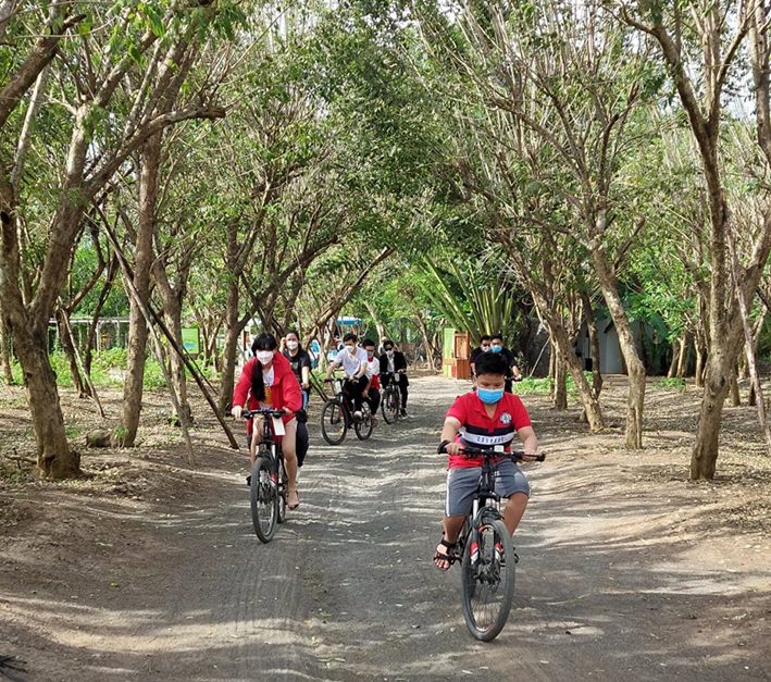 Du khách đi xe đạp dạo chơi rừng Bình Châu.