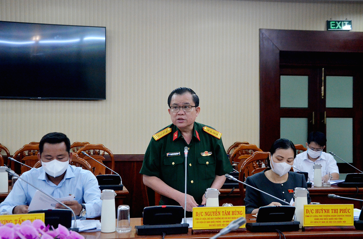 Đại tá Nguyễn Tâm Hùng, Chỉ huy trưởng Bộ Chỉ huy Quân sự tỉnh, ĐBQH tỉnh phát biểu ý kiến tại buổi giám sát.