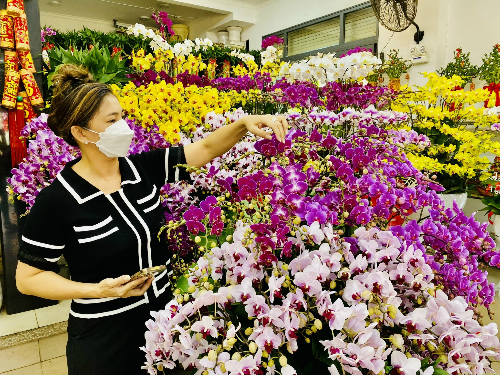 Chủ cửa hàng hoa Minh Tâm chăm chút từng chậu lan hồ điệp trước khi giao cho khách.