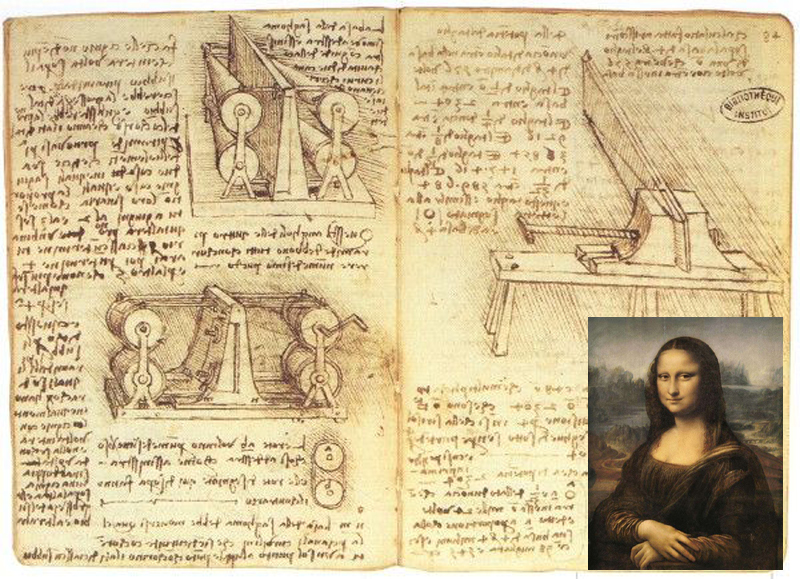 Một trang trong cuốn sổ của Da Vinci (ảnh nhỏ) Kiệt tác Mona Lisa.