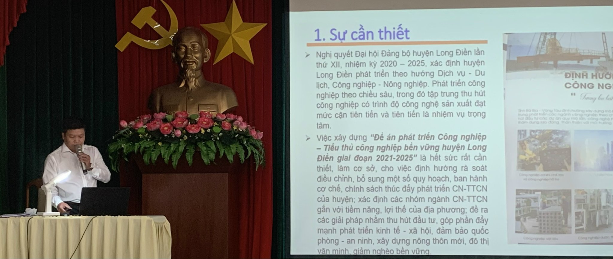 Thí sinh Nguyễn Trung Hiếu, Chuyên viên Phòng kinh tế- hạ tầng huyện dự thi vào chức danh Phó Trưởng phòng Kinh tế- hạ tầng huyện Long Điền trình bày đề án “Phát triển công nghiệp, tiểu thủ công nghiệp bền vững huyện Long Điền, giai đoạn 2021-2025”.