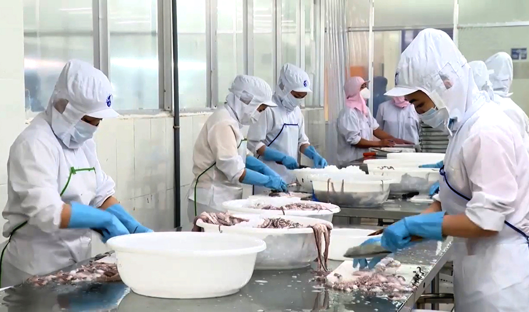 Công nhân Công ty TNHH xuất nhập khẩu thủy sản Hải Dương trong giờ làm việc.