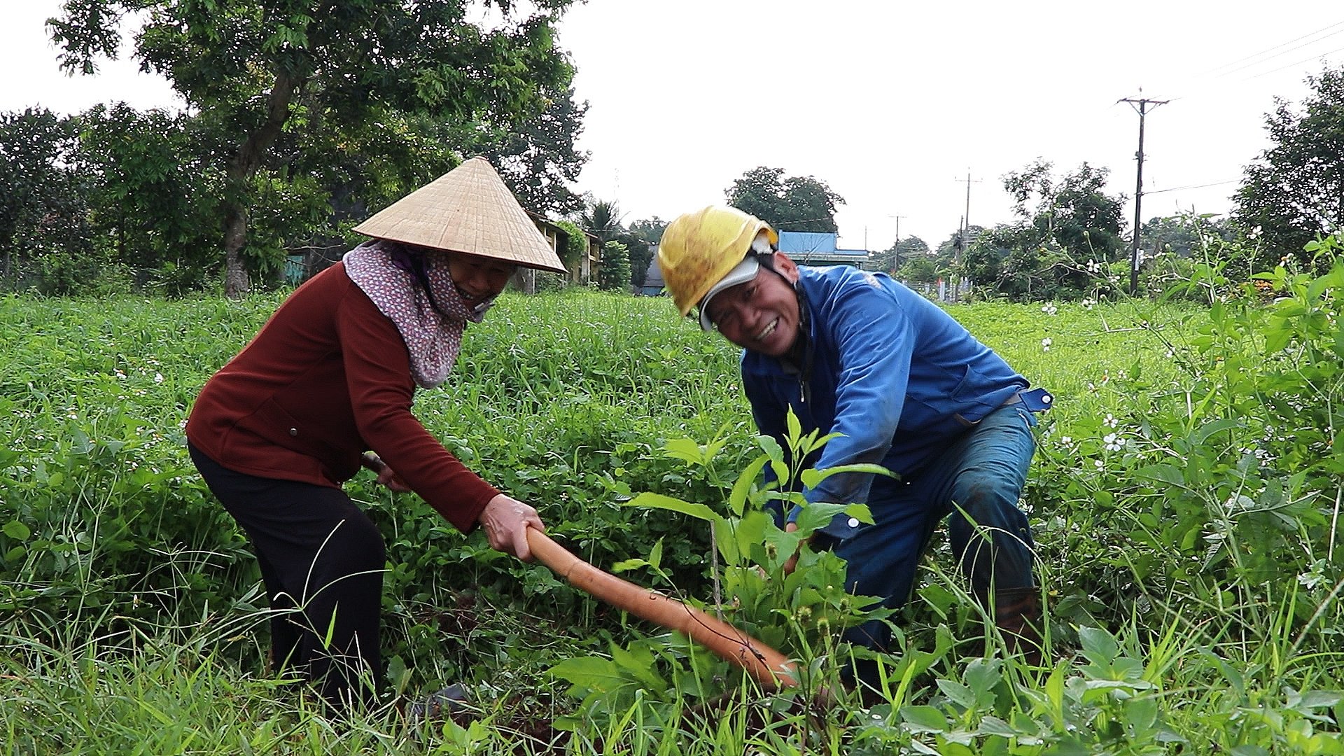 Ông Trần Minh Cảnh - Bí thư, Trưởng thôn Tam Long cùng chị em trồng hoa, tạo môi trường “xanh - sạch - đẹp”.