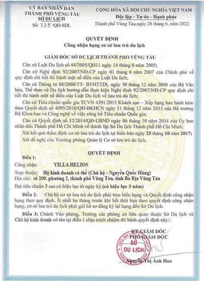 Quyết định công nhận đạt chuẩn 3 sao mà Villa Helios đưa lên mạng nhằm lấy lòng tin của du khách.