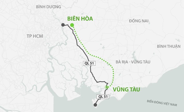 Sơ đồ hướng tuyến cao tốc Biên Hòa - Vũng Tàu.