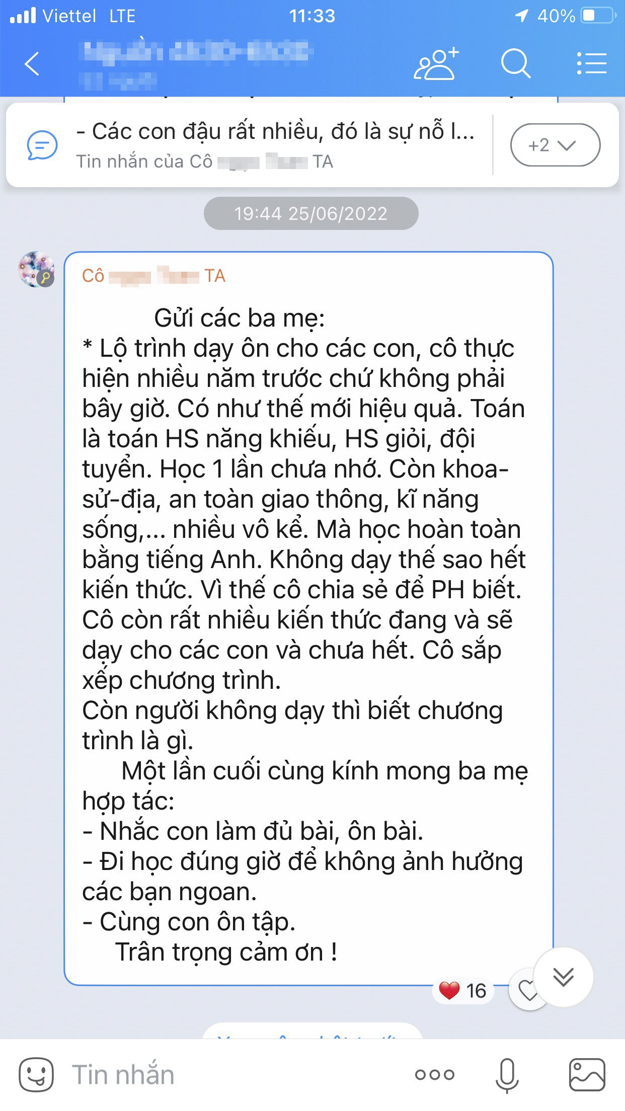Tin nhắn được cô Ng. trấn an phụ huynh.