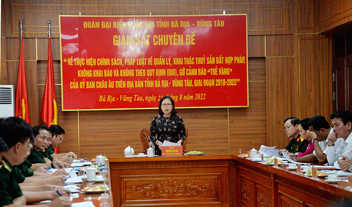 Bà Nguyễn Thị Yến, Phó Bí thư Thường trực Tỉnh ủy, Phó Chủ tịch Nhóm nữ ĐBQH Việt Nam, Trưởng đoàn ĐBQH tỉnh chủ trì buổi giám sát chuyên đề tình hình thực hiện công tác chống khai thác IUU tại Bộ Chỉ huy Bộ đội Biên phòng tỉnh.