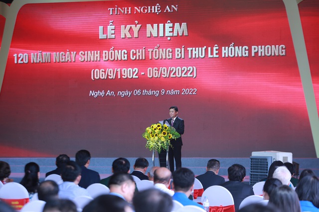 Bí thư Tỉnh uỷ Nghệ An Thái Thanh Quý đọc diễn văn tại lễ kỷ niệm - Ảnh: VGP/Đình Nam