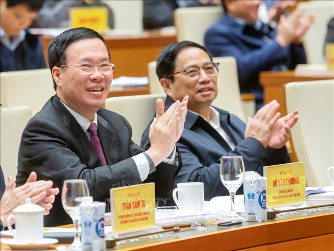 Thủ tướng Phạm Minh Chính; Thường trực Ban Bí thư Võ Văn Thưởng dự hội nghị.