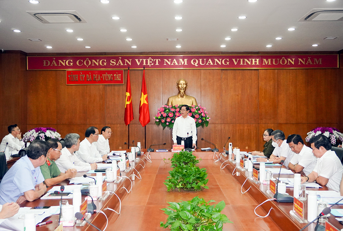 Ông Phạm Viết Thanh, Ủy viên Trung ương Đảng, Bí thư Tỉnh ủy phát biểu tại cuộc họp.