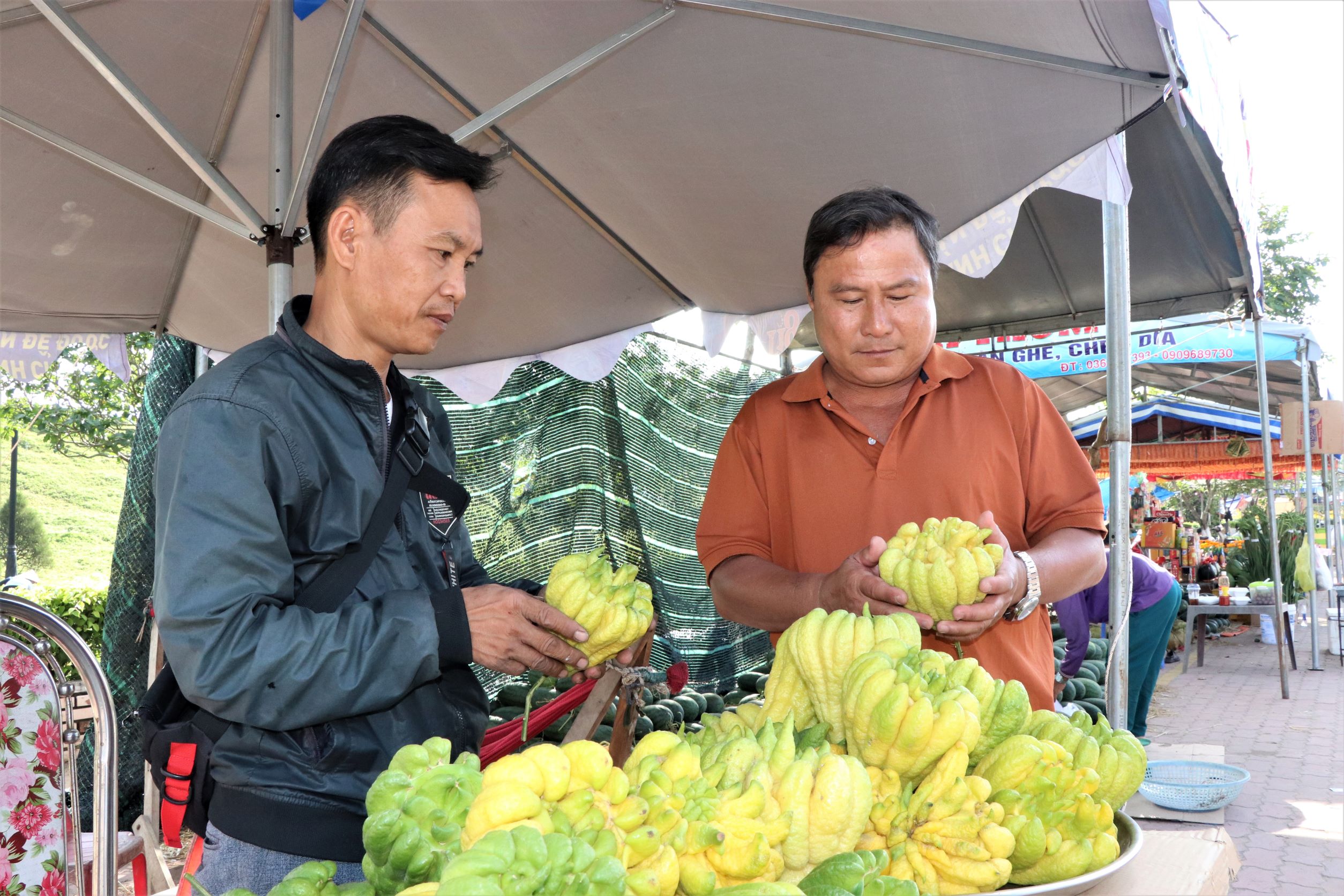 Ông Phạm Văn Sơn (bên trái), đang bày bán quả phật thủ tại khu vực  bờ hồ trung tâm huyện Xuyên Mộc.