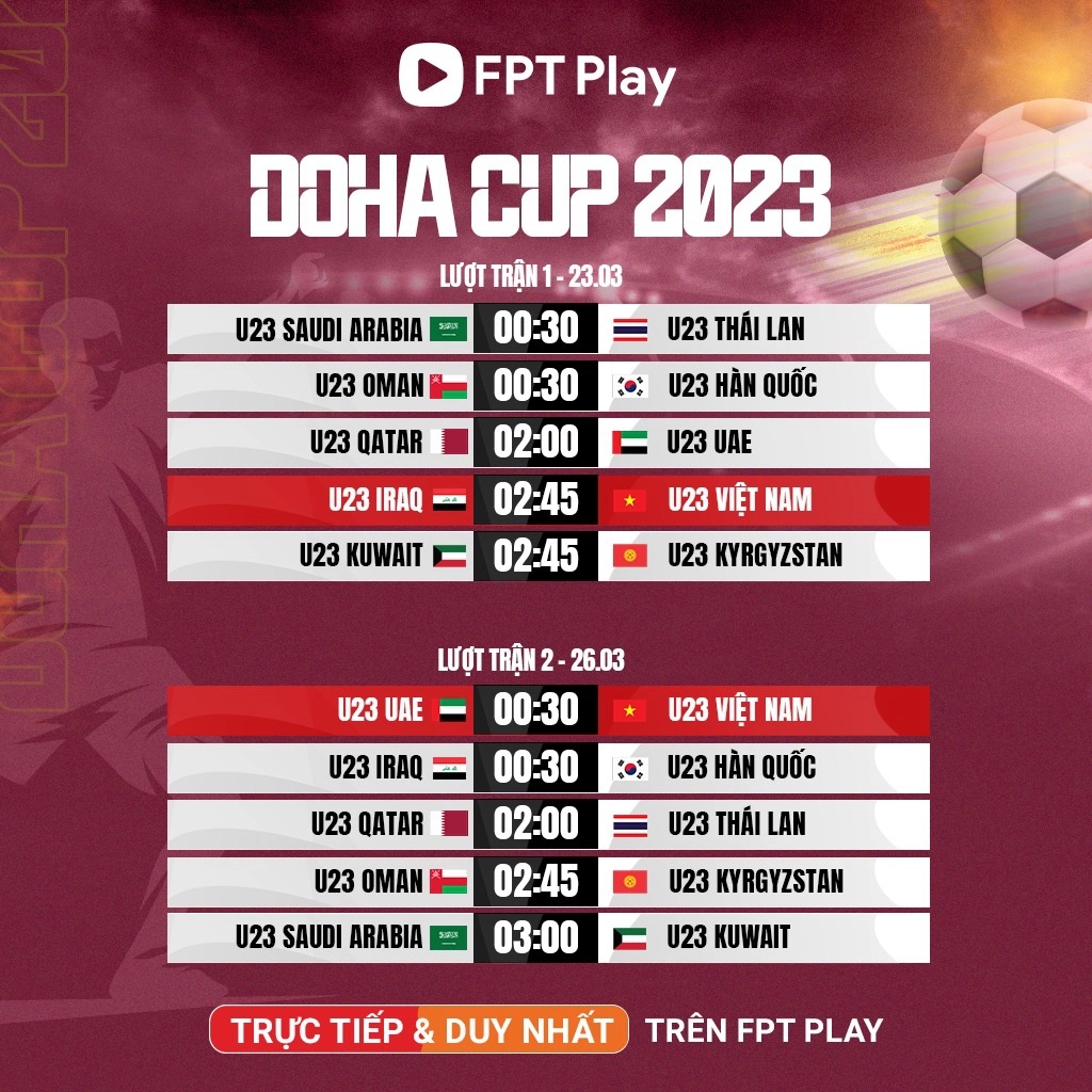 Lịch thi đấu giải giao hữu Doha U23 Cup 2023 tại Qatar