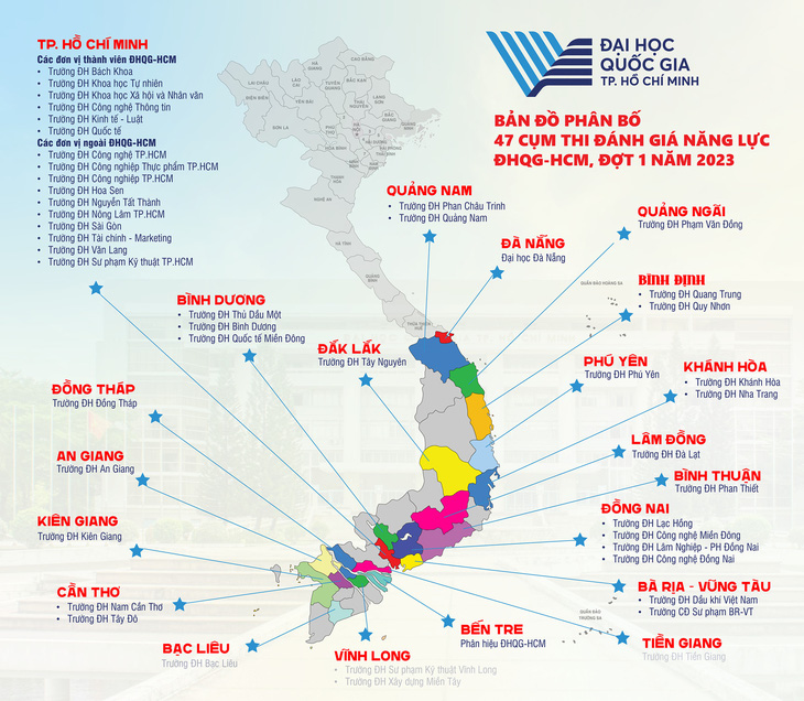 Bản đồ phân bố 47 cụm thi đánh giá năng lực đợt 1 năm 2023