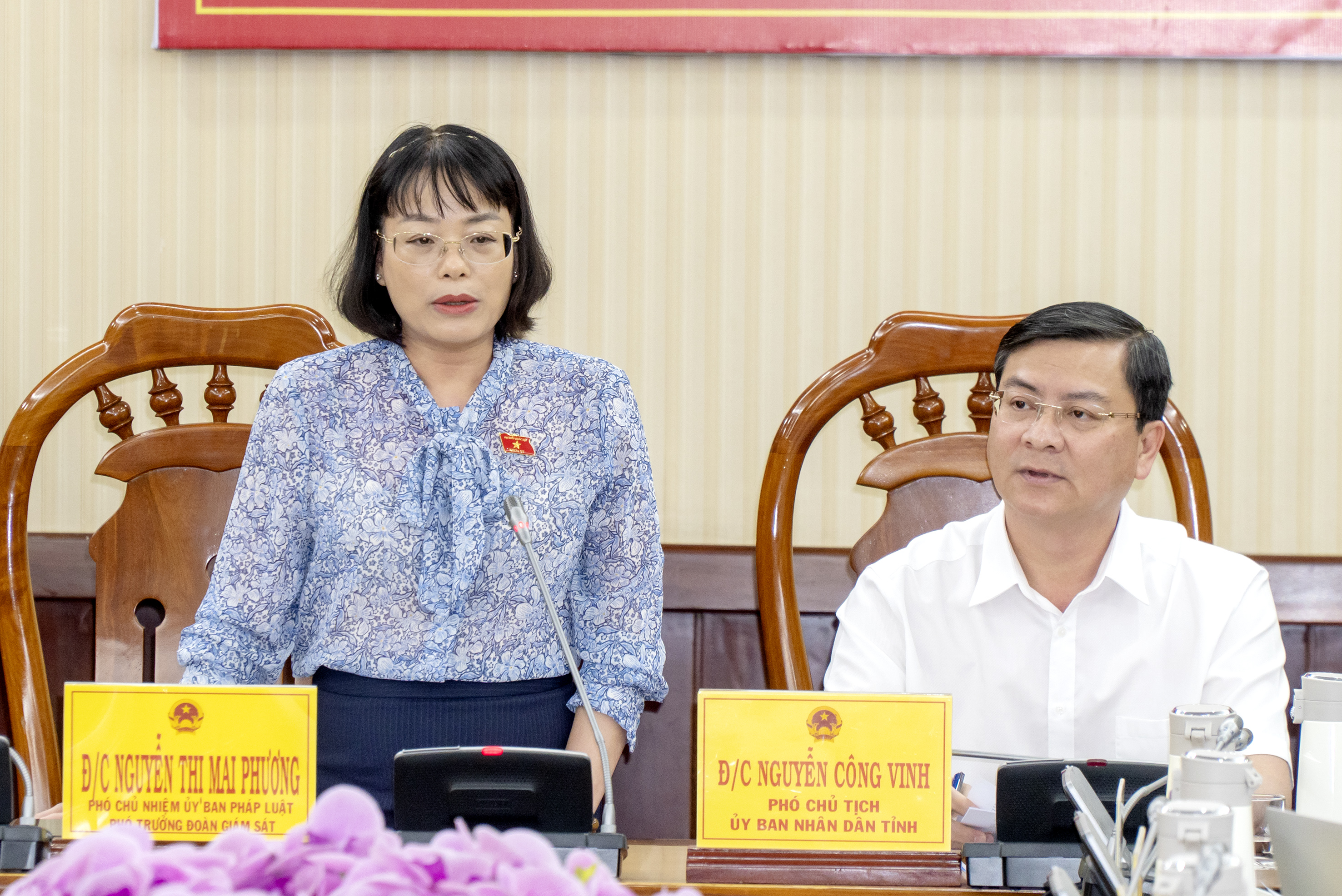 Bà Nguyễn Thị Mai Phương, Phó Chủ nhiệm Ủy ban Pháp luật của Quốc hội; ông Nguyễn Công Vinh, Phó Chủ tịch UBND tỉnh, chủ trì buổi làm việc.