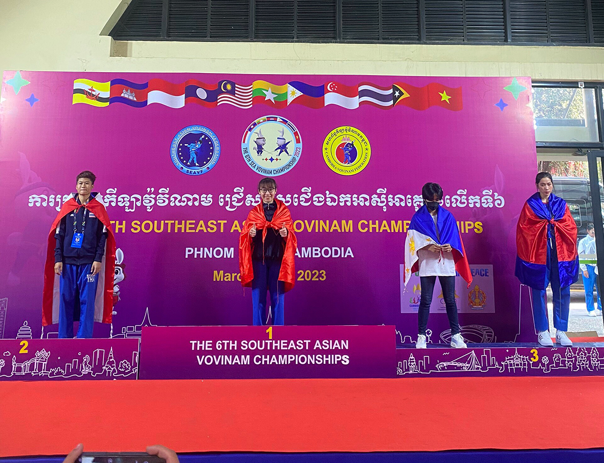 Võ sĩ Sâm Thụy Bội Như giành huy chương Vàng tại giải vô địch Vovinam Đông Nam Á tiền SEA Games tại Campuchia.