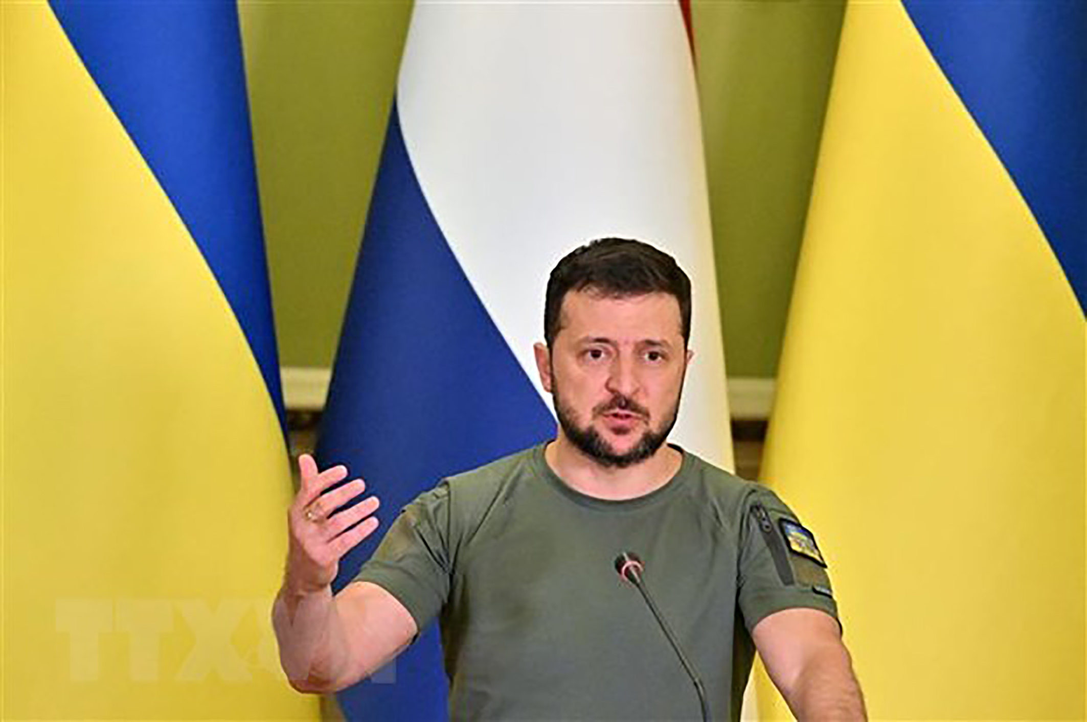 Tổng thống Ukraine Volodymyr Zelensky phát biểu tại một cuộc họp báo ở Kiev.