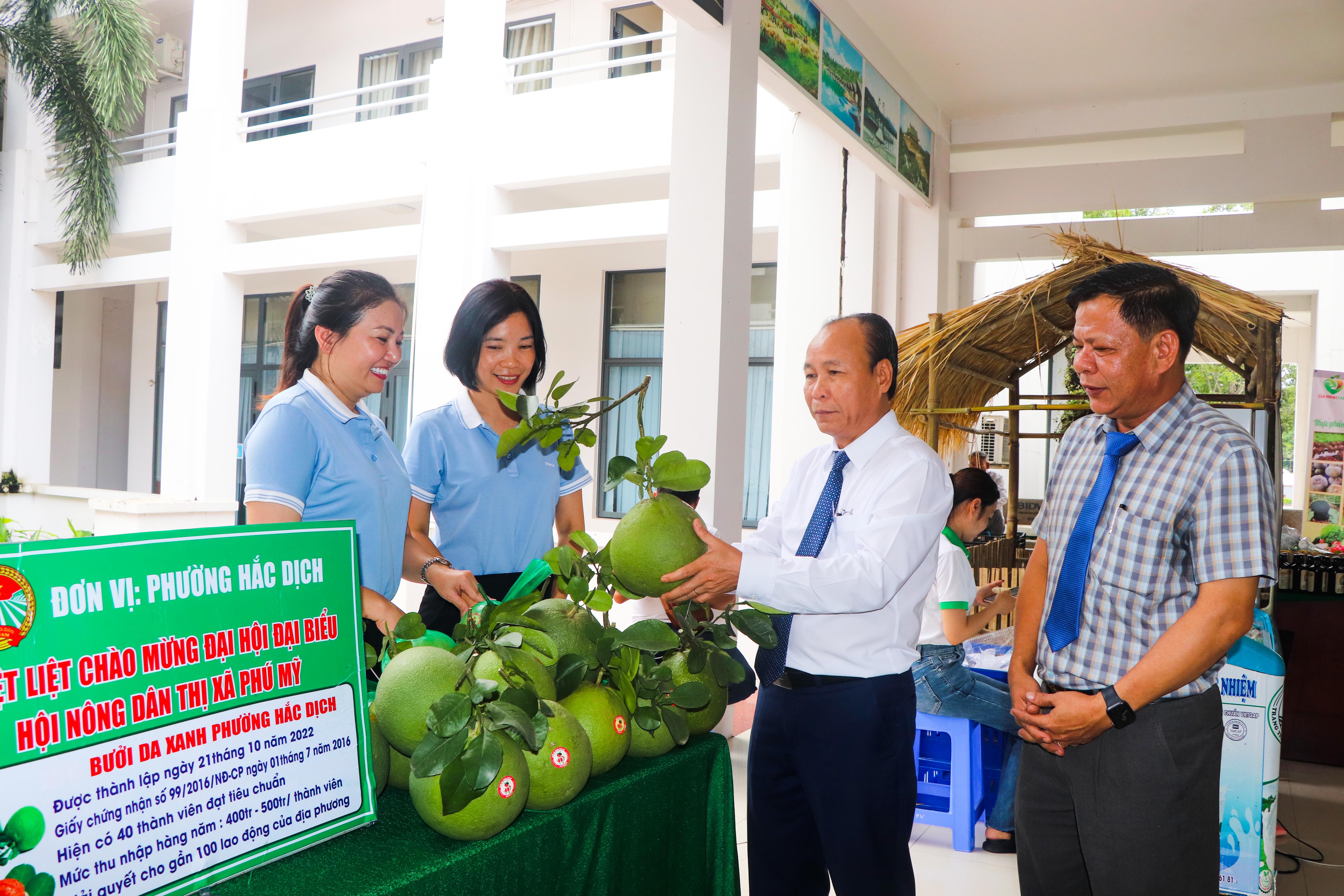 Ông Nguyễn Văn Việt (thứ 2 từ phải vào), Bí thư Thị ủy Phú Mỹ cùng các đại biểu tham quan gian hàng bưởi da xanh trưng bày tại Đại hội.