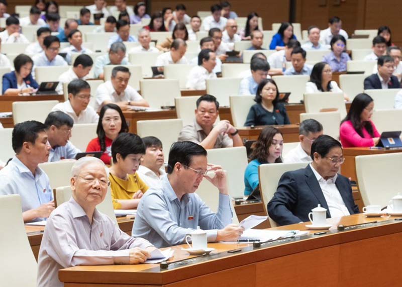 Tổng bí thư Nguyễn Phú Trọng, Chủ tịch Nước Võ Văn Thưởng, Thủ tướng Chính phủ Phạm Minh Chính tại phiên chất vấn