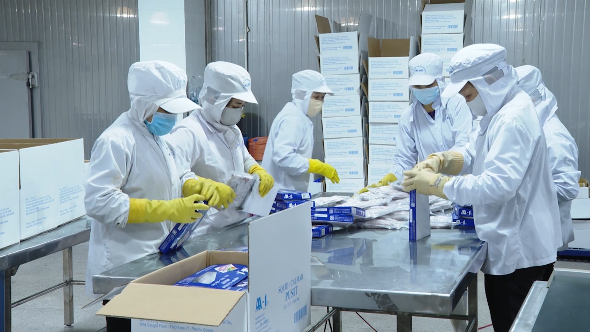Sau gần 3 năm EVFTA có hiệu lực, kim ngạch xuất nhập khẩu của DN Bà Rịa-Vũng Tàu tại thị trường châu Âu và thị trường Anh tăng từ 0,75-3 lần so với trước đây.  Trong ảnh: Công nhân chế biến thủy sản xuất khẩu tại Công ty Baseafood.