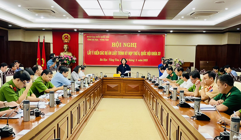 Bà Nguyễn Thị Yến, Phó Bí thư Thường trực Tỉnh ủy, Trưởng Đoàn ĐBQH tỉnh phát biểu tại hội nghị lấy ý kiến đối với 04 dự án Luật 