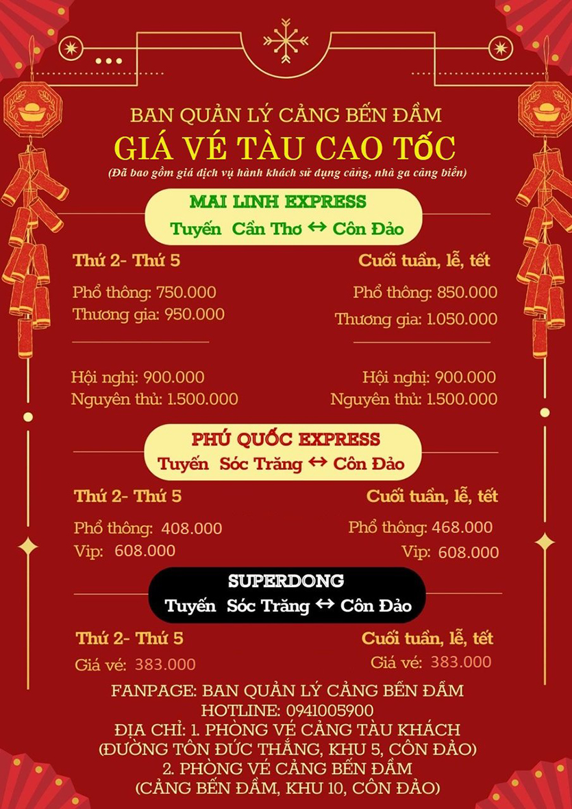 Bảng giá vé tàu đã tích hợp giá dịch vụ sử dụng cảng, nhà ga cảng biển tại Côn Đảo 