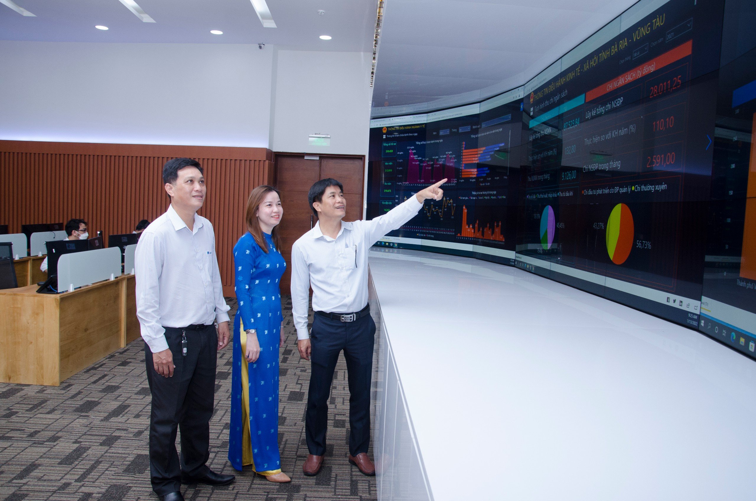 Hầu hết các sở, ngành, địa phương đã tích hợp ứng dụng vào Trung tâm điều hành thông minh của tỉnh (IOC). Trong ảnh: Cán bộ, kỹ thuật viên IOC tỉnh kiểm tra dữ liệu của các sở, ngành kết nối với IOC tỉnh