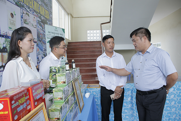 Các đại biểu tham quan khu trưng bày các sản phẩm OCOP của huyện.