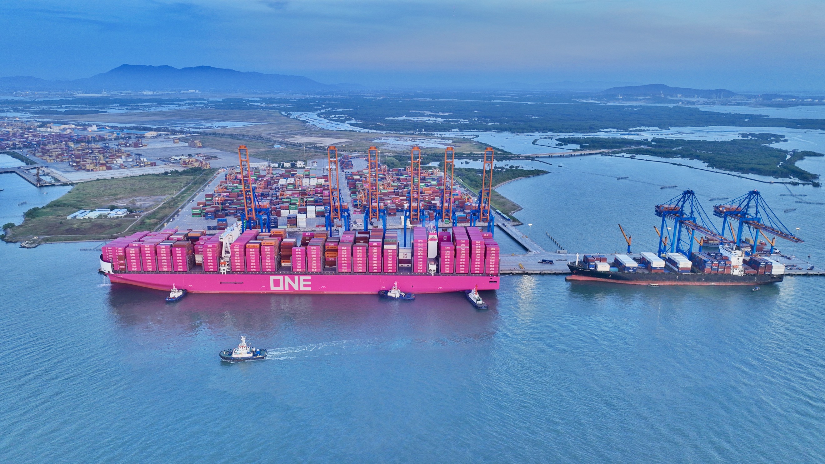 Năm 2023, nhiều tàu hàng container tải trọng trên 230 ngàn tấn, với chiều dài tàu 400m cập cụm cảng CM-TV.  Trong ảnh: Tàu cập cảng Gemalink làm hàng.