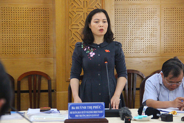 Bà Huỳnh Thị Phúc, Phó Trưởng Đoàn ĐBQH chuyên trách tỉnh, Phó Trưởng Đoàn giám sát phát biểu tại buổi họp.