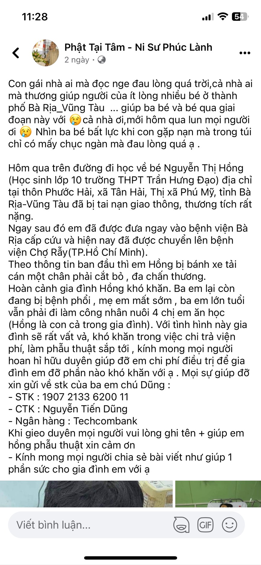 Thông tin chia sẻ hoàn cảnh của bà Trần Thị Hồng trên Facebook, kêu gọi từ thiện từ cộng đồng để trục lợi.