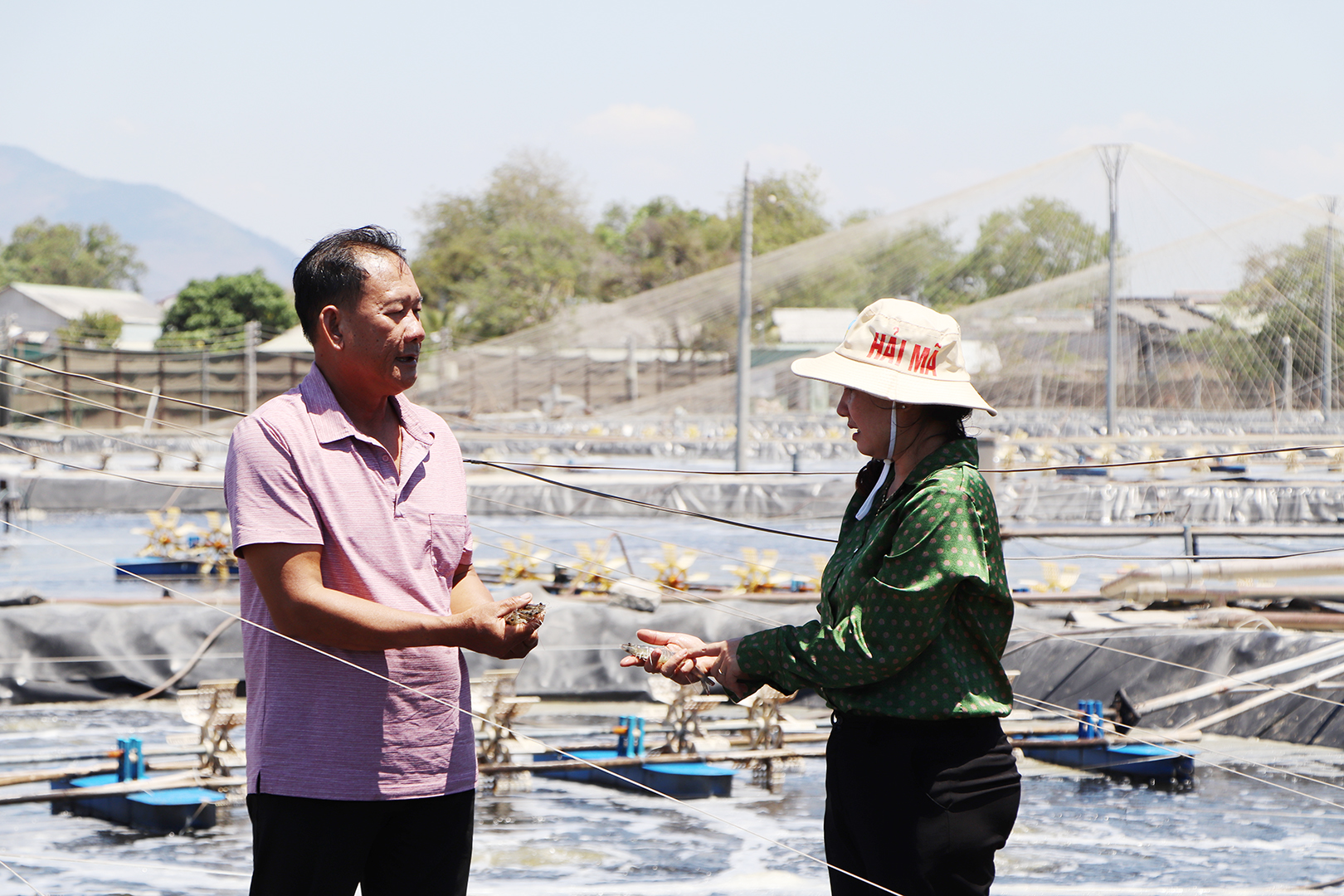 Ông Nguyễn Văn Lạc trao đổi kỹ thuật nuôi tôm đạt năng suất cao.