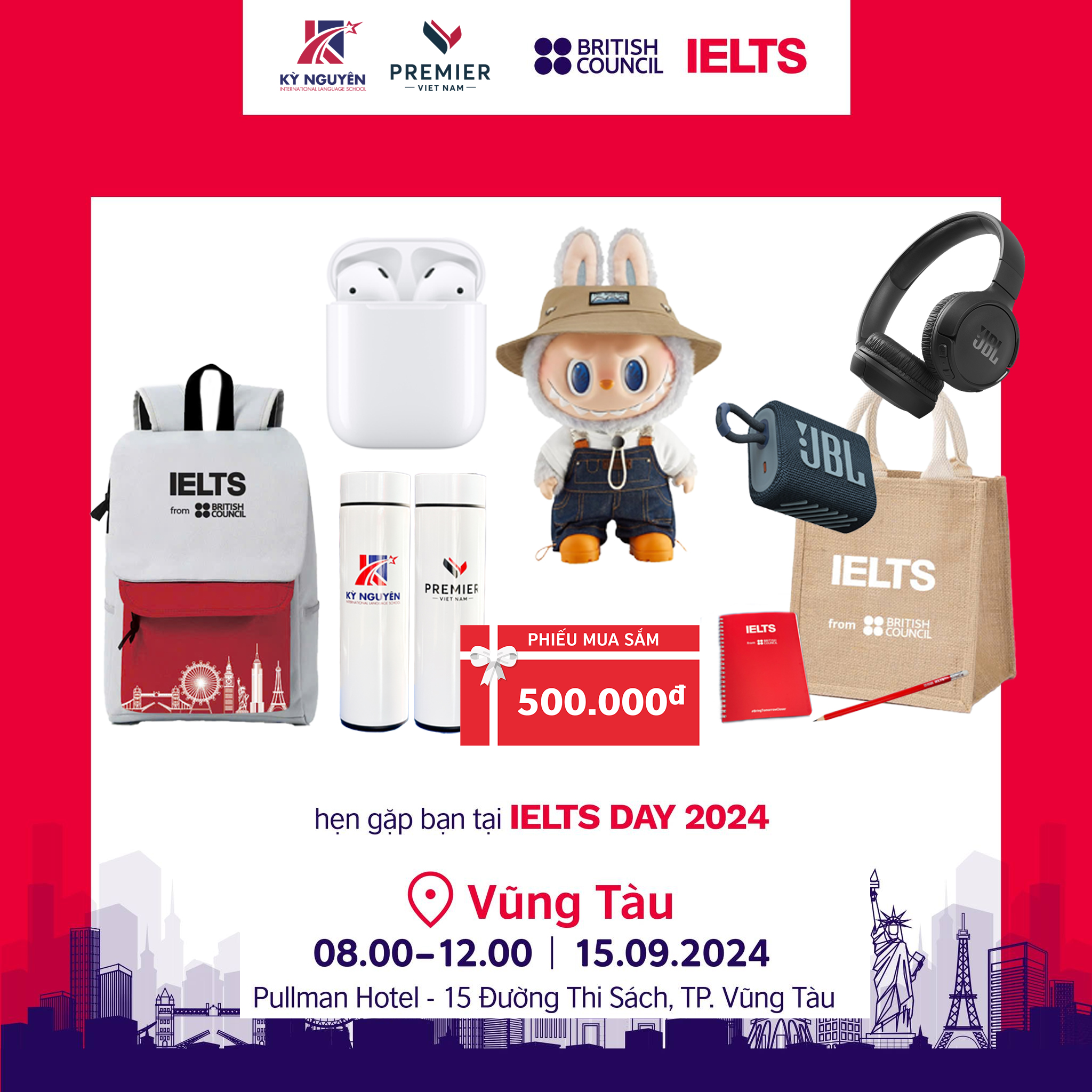 Các phần quà hấp dẫn khi tham dự IELTS Day 2024 tại Tp. Vũng Tàu do Kỳ Nguyên – Premier Viet Nam và Hội đồng Anh tổ chức