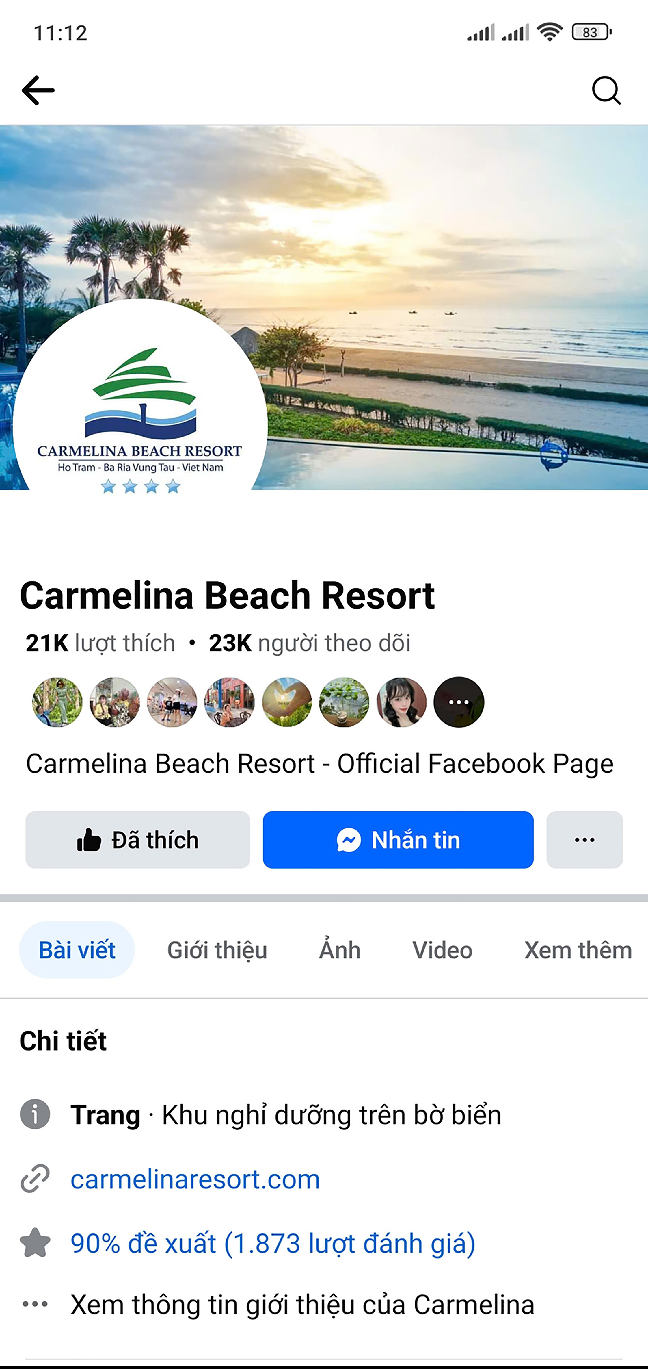 Giao diện fanpage chính chủ của Carmelina Beach Resort.