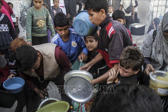 Người dân nhận thức ăn cứu trợ tại thành phố Gaza ngày 23/10/2024.