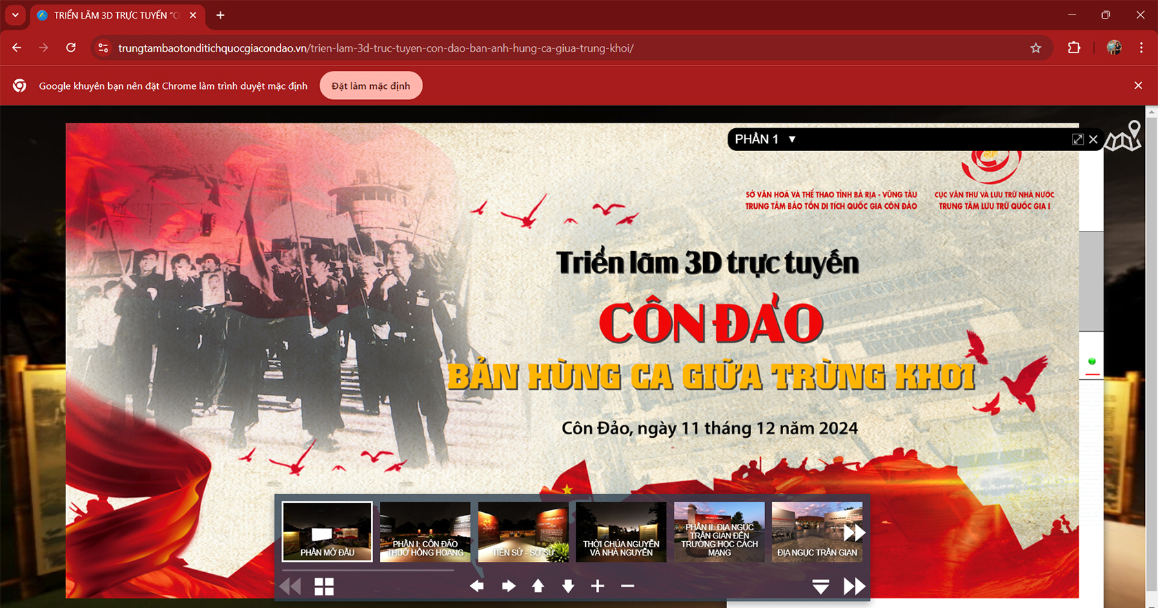 Giao diện triển lãm trực tuyến 3D “Côn Đảo-Bản hùng ca giữa trùng khơi” tại website: https://trungtambaotonditichquocgiacondao.vn/.