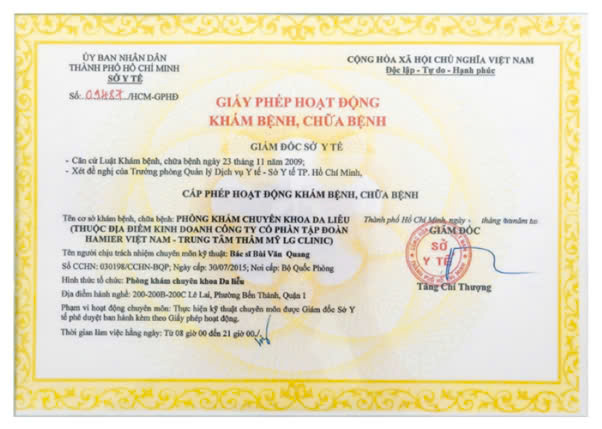 Giấy phép hoạt động do Sở Y tế TP.HCM cấp khẳng định LG Clinic đáp ứng đầy đủ tiêu chuẩn y khoa trong khám và điều trị các vấn đề da liễu