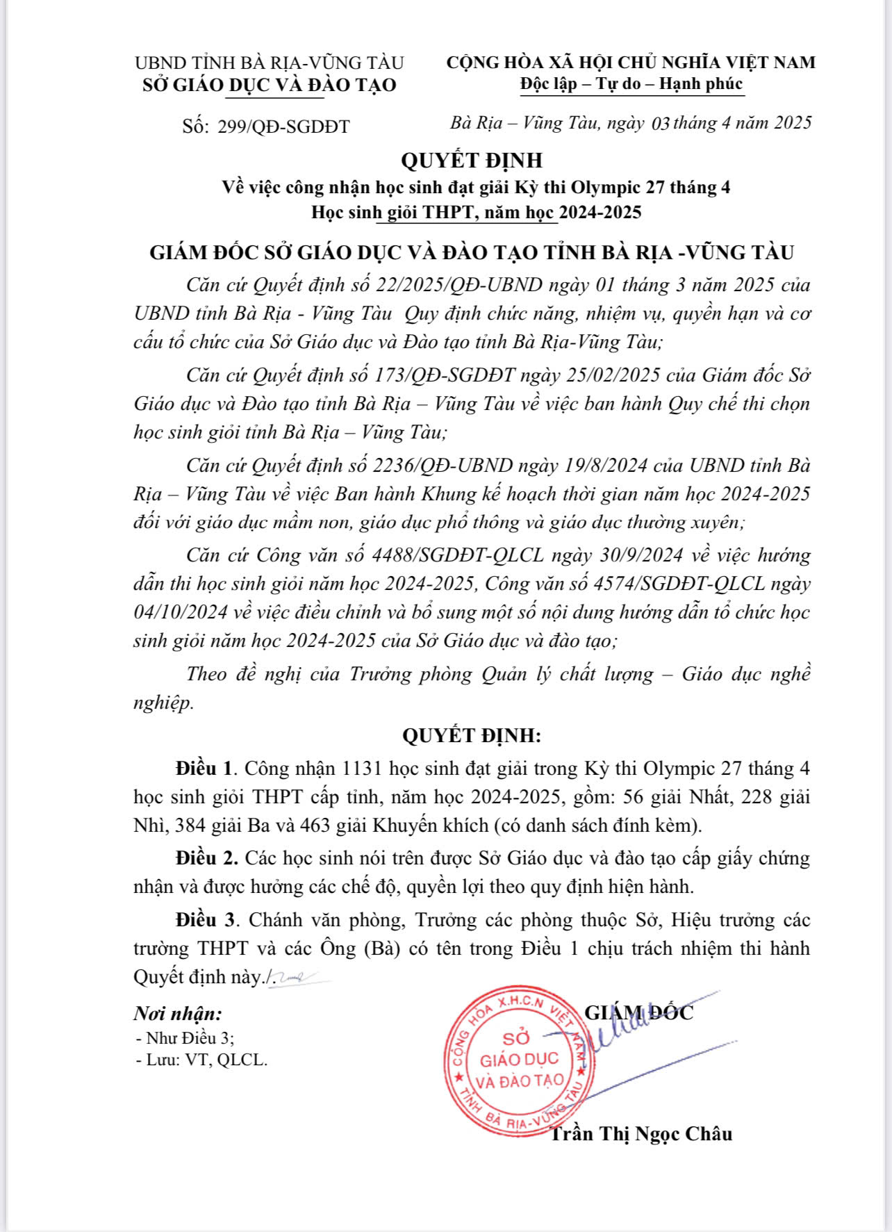 Quyết định của Sở GD-ĐT.