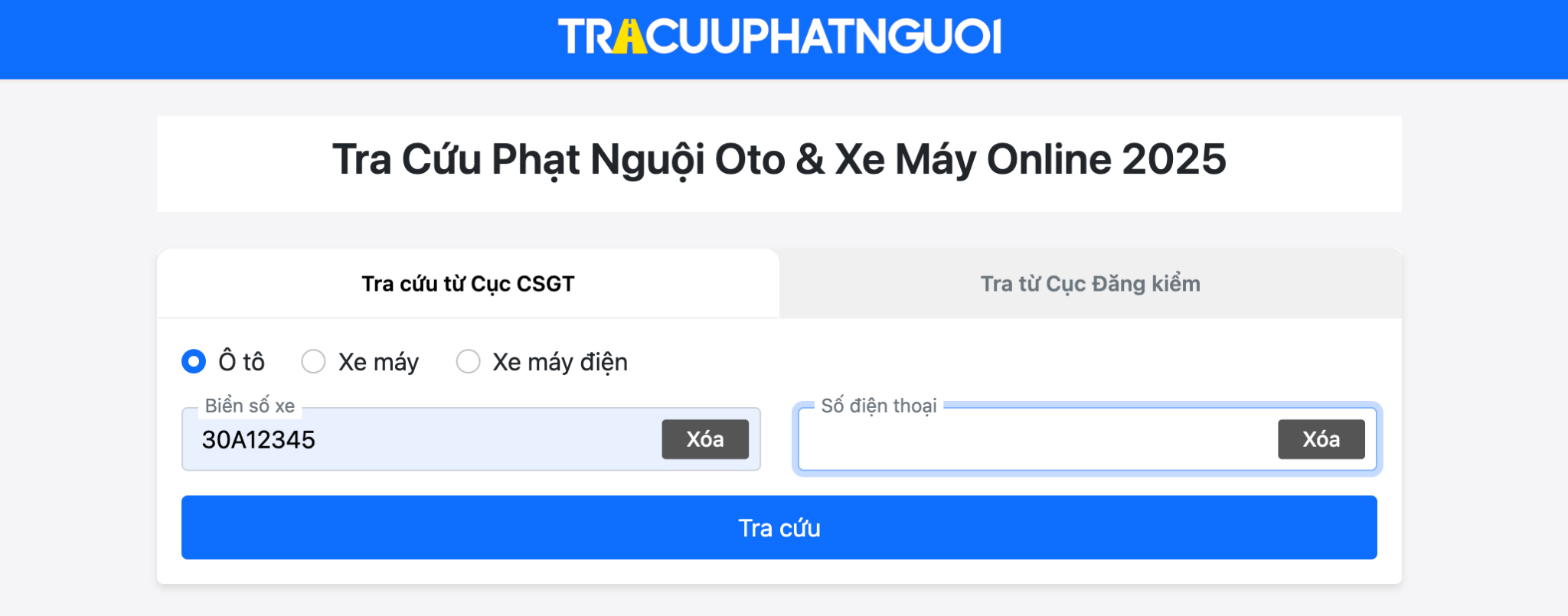 Nhập thông tin để tiến hành Tra cứu phạt nguội xe oto