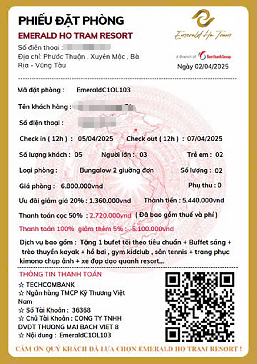 Phiếu đặt phòng giả mạo  Emerald Ho Tram Resort.