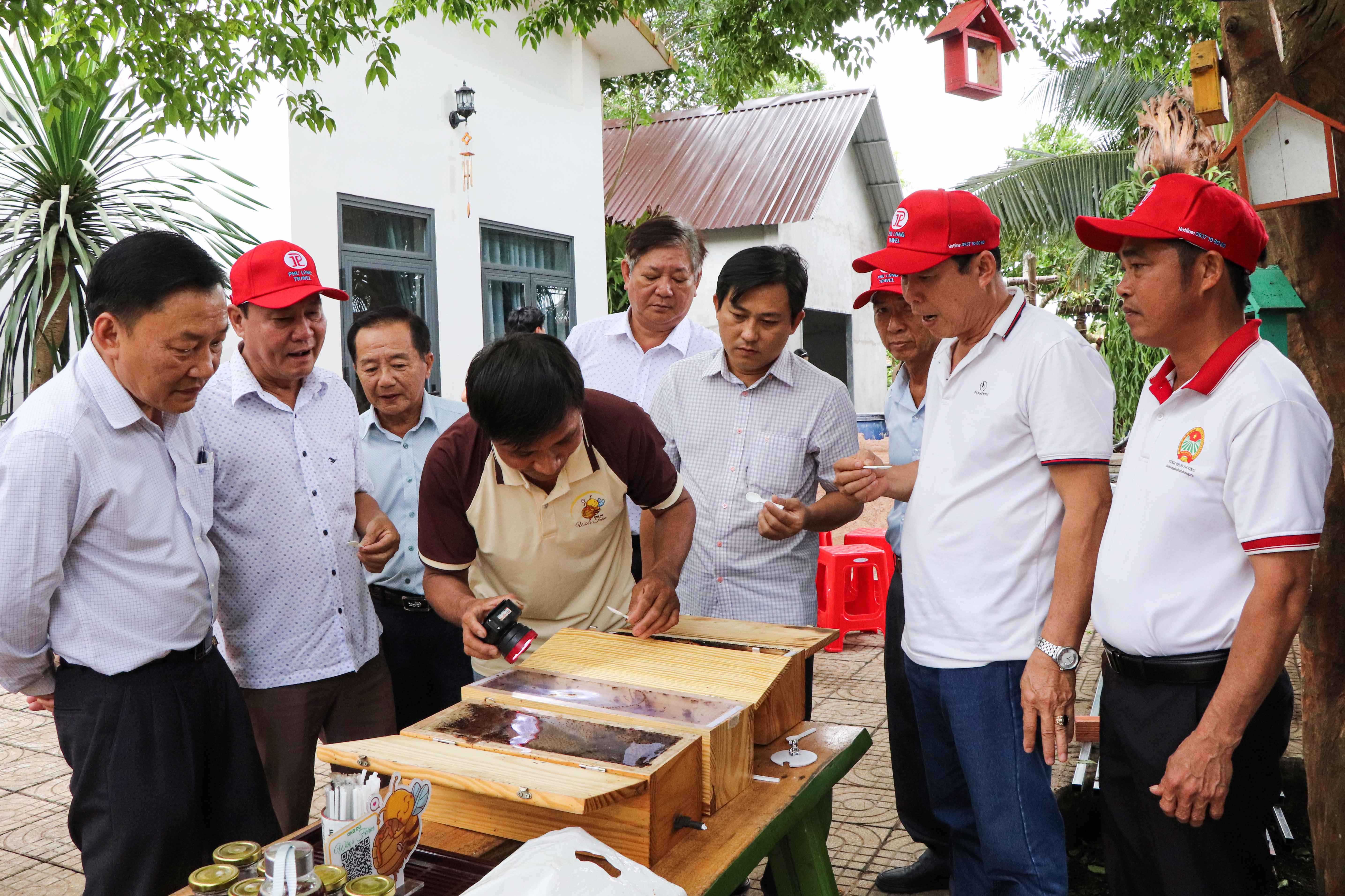 Cán bộ, hội viên nông dân huyện Dầu Tiếng tham quan mô hình nuôi ong dú tại trại ong dú Win’s Farm, TT.Kim Long.