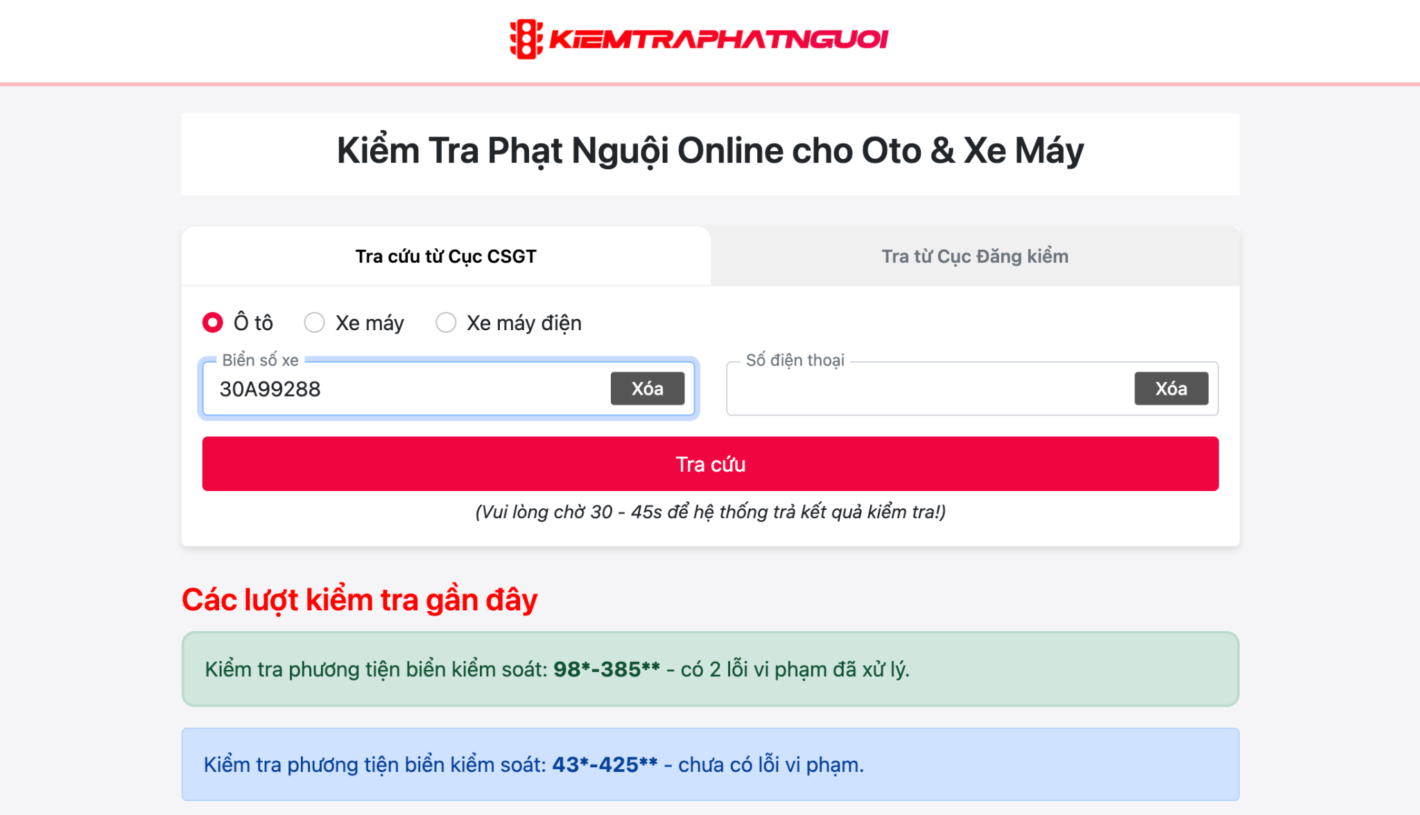 Nhập thông tin biển số xe vào hệ thống KiemTraPhatNguoi.net